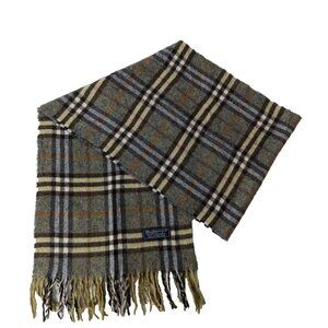 BURBERRY London Vintage Classic Nova Check Knit 100% Cashmere Fringe Green SCARF